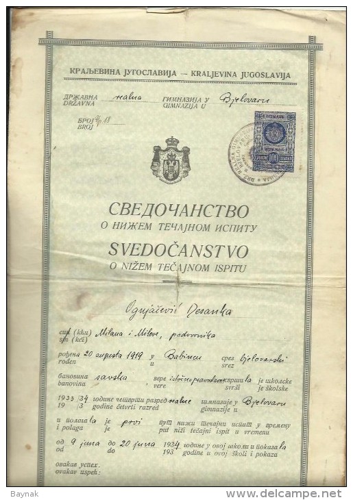 KINGDOM OF YUGOSLAVIA  -  SCHOOL DIPLOMA, CERTIFICATE  --   GYMNASIA   --  1934  - TIMBRE FISCAL, TAX STAMP - Diplome Und Schulzeugnisse