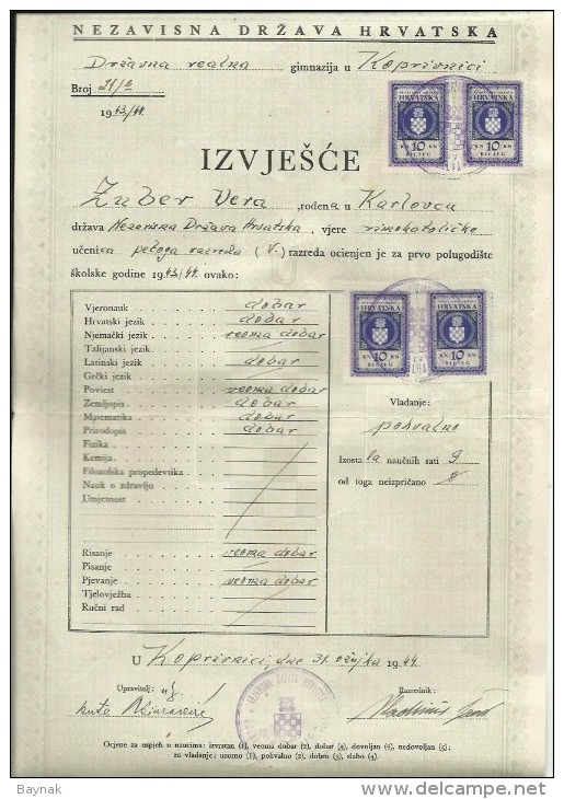 CROATIA, NDH, NEZAVISNA  DRZAVA HRVATSKA --  SCHOOL DIPLOMA, CERTIFICATE, GYMNASIA    1944  -- TIMBRE FISCAL, TAX STAMP - Diplome Und Schulzeugnisse