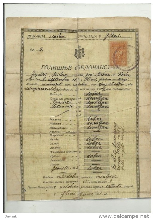 KINGDOM OF YUGOSLAVIA   --  GLINA  --   SCHOOL DIPLOMA, CERTIFICATE  1925  -TIMBRE FISCAL, TAX STAMP - Diplômes & Bulletins Scolaires