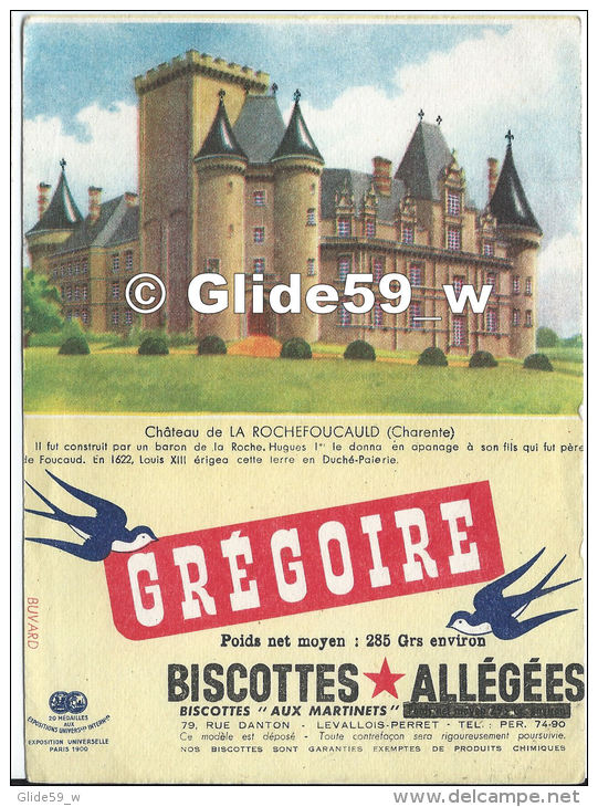 Buvard Biscottes GREGOIRE - Château De La Rochefoucauld (Charente) (12 Cm X 16,5 Cm) - Biscottes