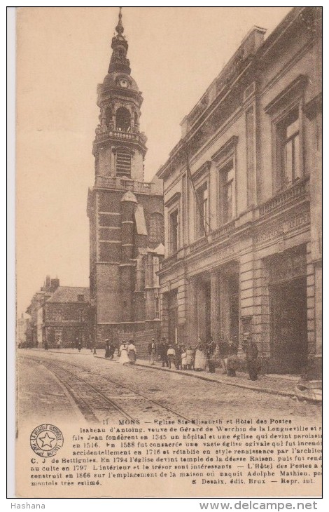 Cpa 1925 Mons. Vue Animée. Eglise Ste Elisabeth Et Hôtel Des Postes. N°11 (Edit. Desaix) - Mons