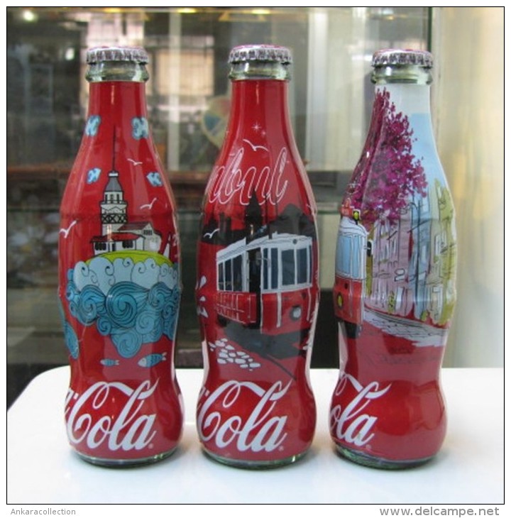 AC - COCA COLA ISTANBUL SERIES SHRINK WRAPPED 3 EMPTY GLASS BOTTLES & CROWN CAPS - Bouteilles