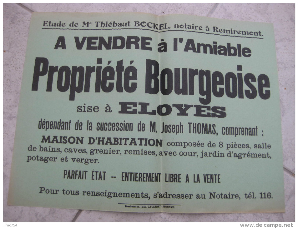 Affiche.  Vente Notariale  REMIREMONT - ELOYES   Vosges (88) - Affiches