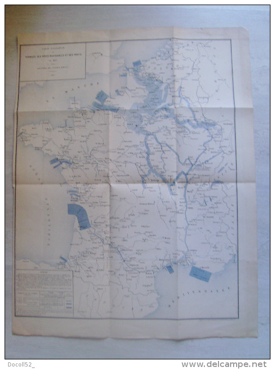 Carte Figurative Du Tonnage Des Voies Navigables Et Des Ports De France 1887 - 66 Cms X 52 Cms - Seekarten