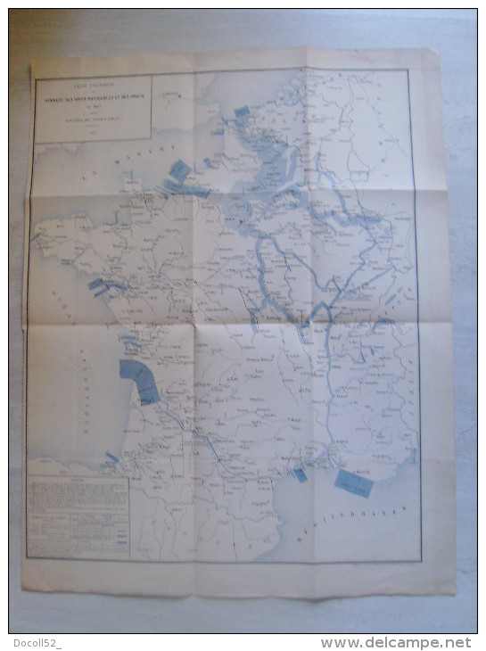 Carte Figurative Du Tonnage Des Voies Navigables Et Des Ports De France 1887 - 66 Cms X 52 Cms - Carte Nautiche