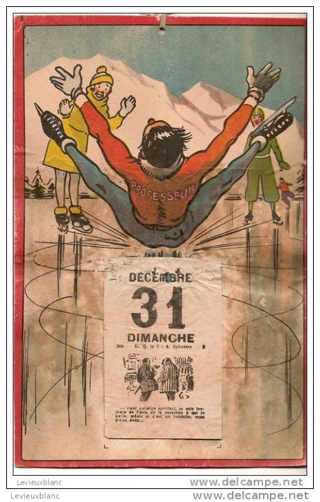 Calendrier/Support D´èphémeride Usagé/Carton Imagé/Moniteur De Patinage à Glace Chutant/Humour/1939      CAL255 - Andere & Zonder Classificatie