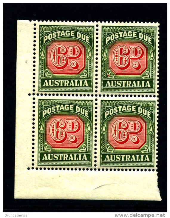 AUSTRALIA - 1960  POSTAGES DUES  6d  NO WMK  BLOCK OF FOUR  MINT NH  SG D137 - Port Dû (Taxe)