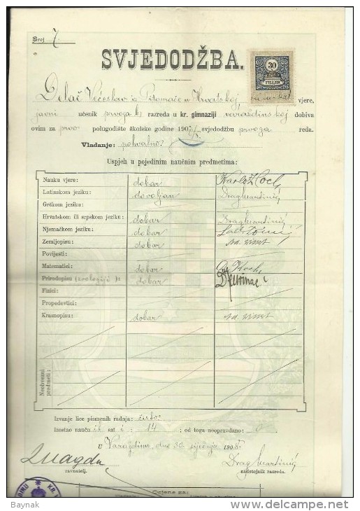 KINGDOM OF CROATIA, SLAVONIA & DALMAZIA -- PITOMACA , VARAZDIN,  CERTIFICATE, GYMNASIA,  1908 - TIMBRE FISCAL, TAX STAMP - Diplome Und Schulzeugnisse