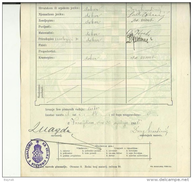 KINGDOM OF CROATIA, SLAVONIA & DALMAZIA -- PITOMACA , VARAZDIN,  CERTIFICATE, GYMNASIA,  1908 - TIMBRE FISCAL, TAX STAMP - Diplome Und Schulzeugnisse