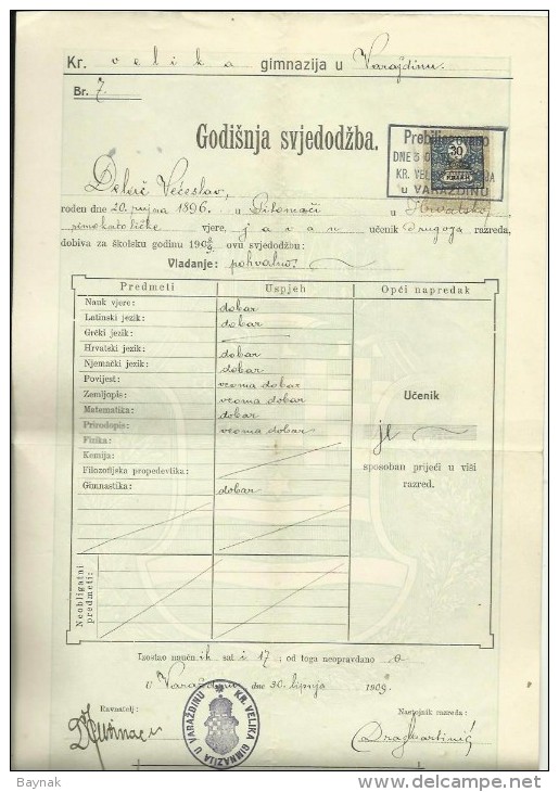 KINGDOM OF CROATIA, SLAVONIA & DALMAZIA -- PITOMACA , VARAZDIN,  CERTIFICATE, GYMNASIA,  1909 - TIMBRE FISCAL, TAX STAMP - Diplome Und Schulzeugnisse