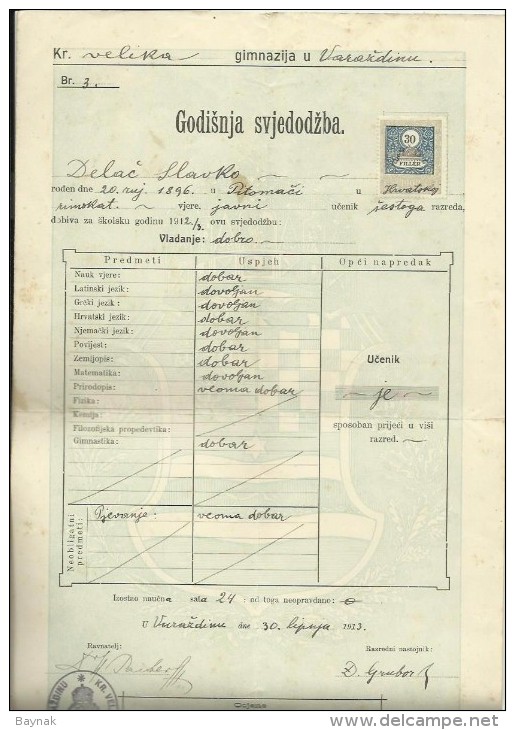 KINGDOM OF CROATIA, SLAVONIA & DALMAZIA -- PITOMACA , VARAZDIN,  CERTIFICATE, GYMNASIA,  1913 - TIMBRE FISCAL, TAX STAMP - Diplome Und Schulzeugnisse