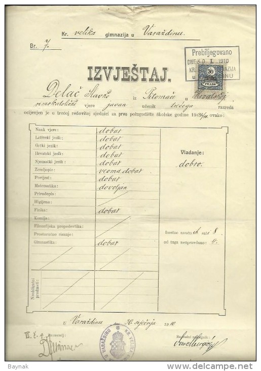 KINGDOM OF CROATIA, SLAVONIA & DALMAZIA -- PITOMACA , VARAZDIN,  CERTIFICATE, GYMNASIA,  1910 - TIMBRE FISCAL, TAX STAMP - Diplome Und Schulzeugnisse