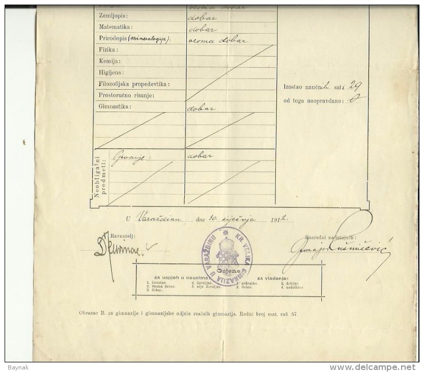 KINGDOM OF CROATIA, SLAVONIA & DALMAZIA -- PITOMACA , VARAZDIN,  CERTIFICATE, GYMNASIA,  1912 - TIMBRE FISCAL, TAX STAMP - Diplome Und Schulzeugnisse