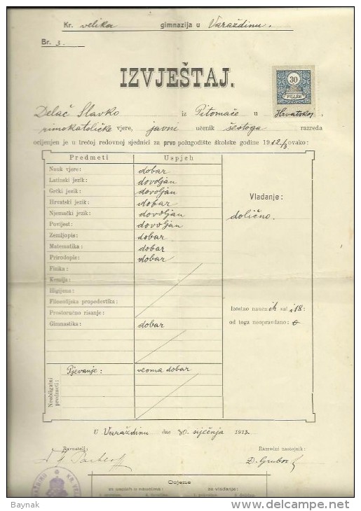 KINGDOM OF CROATIA, SLAVONIA & DALMAZIA -- PITOMACA , VARAZDIN,  CERTIFICATE, GYMNASIA,  1913 - TIMBRE FISCAL, TAX STAMP - Diplome Und Schulzeugnisse