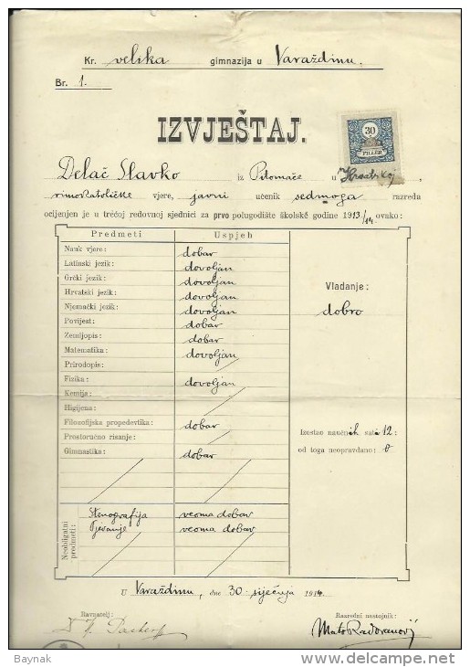 KINGDOM OF CROATIA, SLAVONIA & DALMAZIA -- PITOMACA , VARAZDIN,  CERTIFICATE, GYMNASIA,  1914 - TIMBRE FISCAL, TAX STAMP - Diplome Und Schulzeugnisse