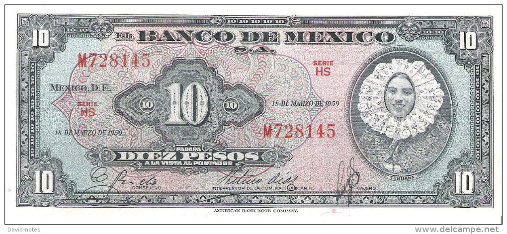Mexico - Pick 58 - 10 Pesos 1959 - Unc - Messico