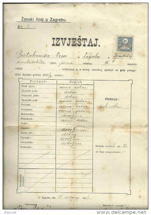 CROATIA  / AUSTRIA   --   ZENSKI LICEJ U ZAGREBU  --  SCHOOL CERTIFICATE  --  1914  --  TIMBRE FISCAL, TAX STAMP - Diplome Und Schulzeugnisse