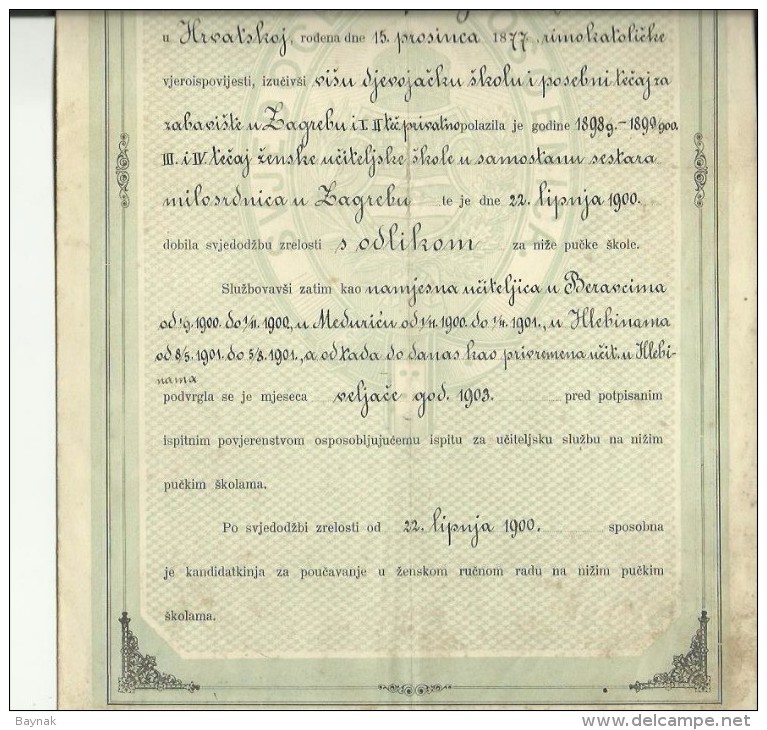 CROATIA  / AUSTRIA  --  ZENSKA UC.. SK. U SAM.  Ss MILOSRD.  CERTIFICATE  - 1900  -   TIMBRE FISCAL, TAX STAMP - Diplome Und Schulzeugnisse