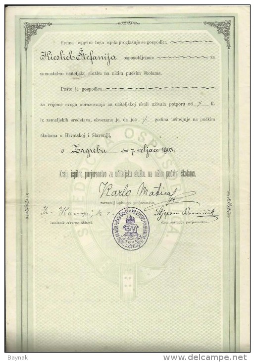 CROATIA  / AUSTRIA  --  ZENSKA UC.. SK. U SAM.  Ss MILOSRD.  CERTIFICATE  - 1900  -   TIMBRE FISCAL, TAX STAMP - Diplome Und Schulzeugnisse