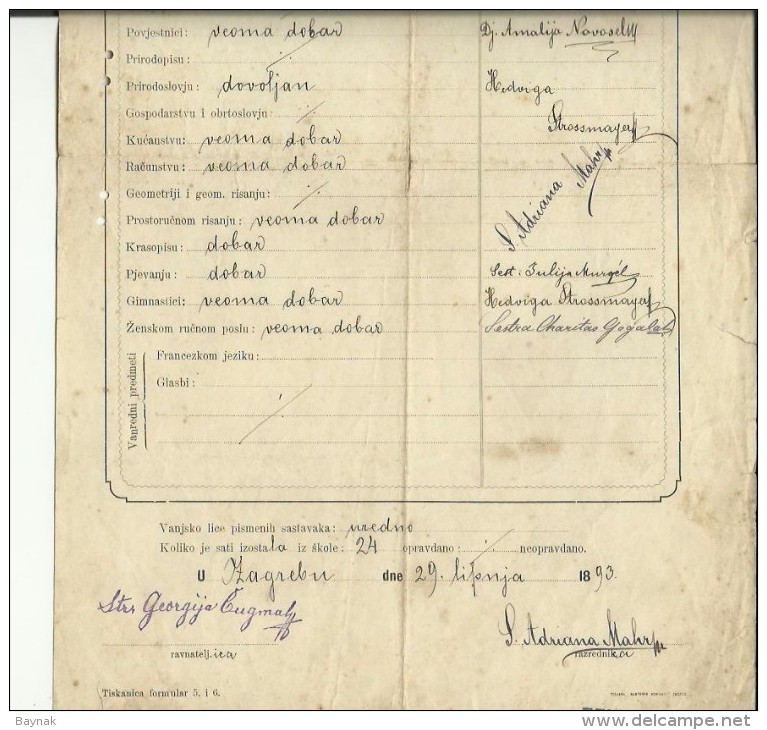 CROATIA  / AUSTRIA  --  ZAGREB, PETRINJA  -  LYCEUM Ss MILOSRDNICA  -  CERTIFICATE  - 1893  -- TIMBRE FISCAL, TAX STAMP - Diplome Und Schulzeugnisse