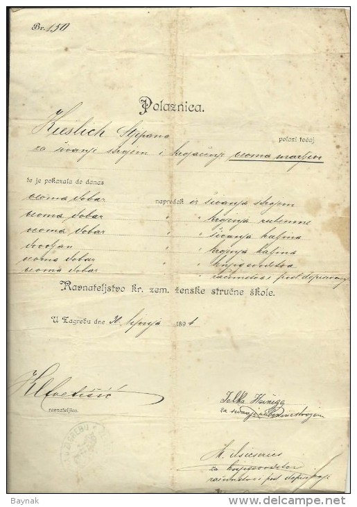 CROATIA  / AUSTRIA  --  ZAGREB, PETRINJA  -  KR. ZEM. ZENSKE STRUCN  -  CERTIFICATE  - 1894  -- TIMBRE FISCAL, TAX STAMP - Diploma & School Reports