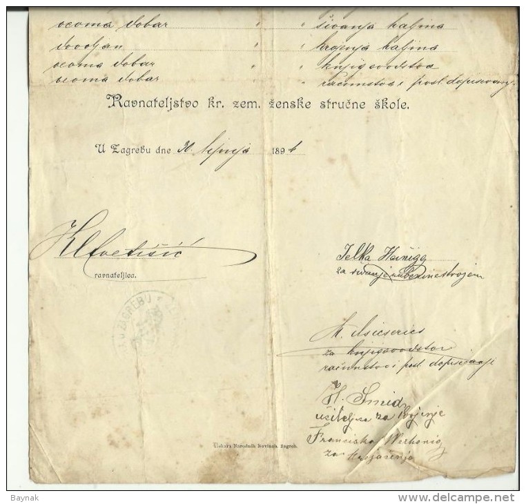 CROATIA  / AUSTRIA  --  ZAGREB, PETRINJA  -  KR. ZEM. ZENSKE STRUCN  -  CERTIFICATE  - 1894  -- TIMBRE FISCAL, TAX STAMP - Diplome Und Schulzeugnisse