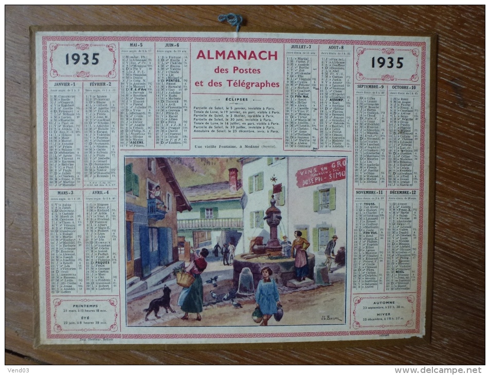 CALENDRIER DES POSTES 1935 MODANE UNE VIEILLE FONTAINE - Big : 1921-40