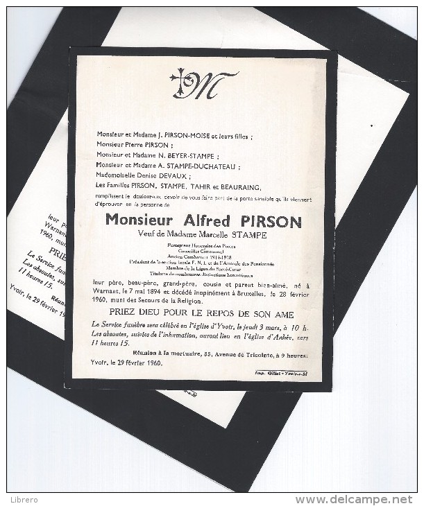 Anhée - Yvoir / 2 Documents / Monsieur Alfred Pirson: Né à Warnant 1894 - Décédé 1960 Bruxelles. - Religion & Esotérisme