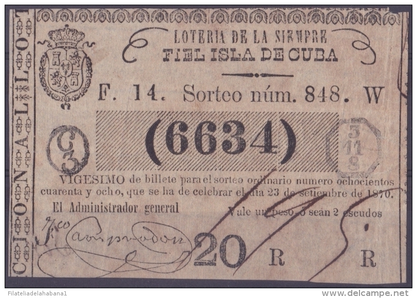 LOT.123 CUBA ESPAÑA SPAIN. 1870. COLONIAL LOTTERY. SORTEO 848. - Lottery Tickets