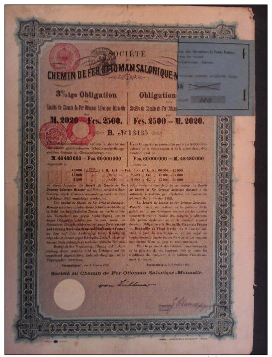 1 Sté Chemin De Fer Salonique-Monastir Obligation 3% - 1893 + Coupons 2500 Fcs - Autres & Non Classés