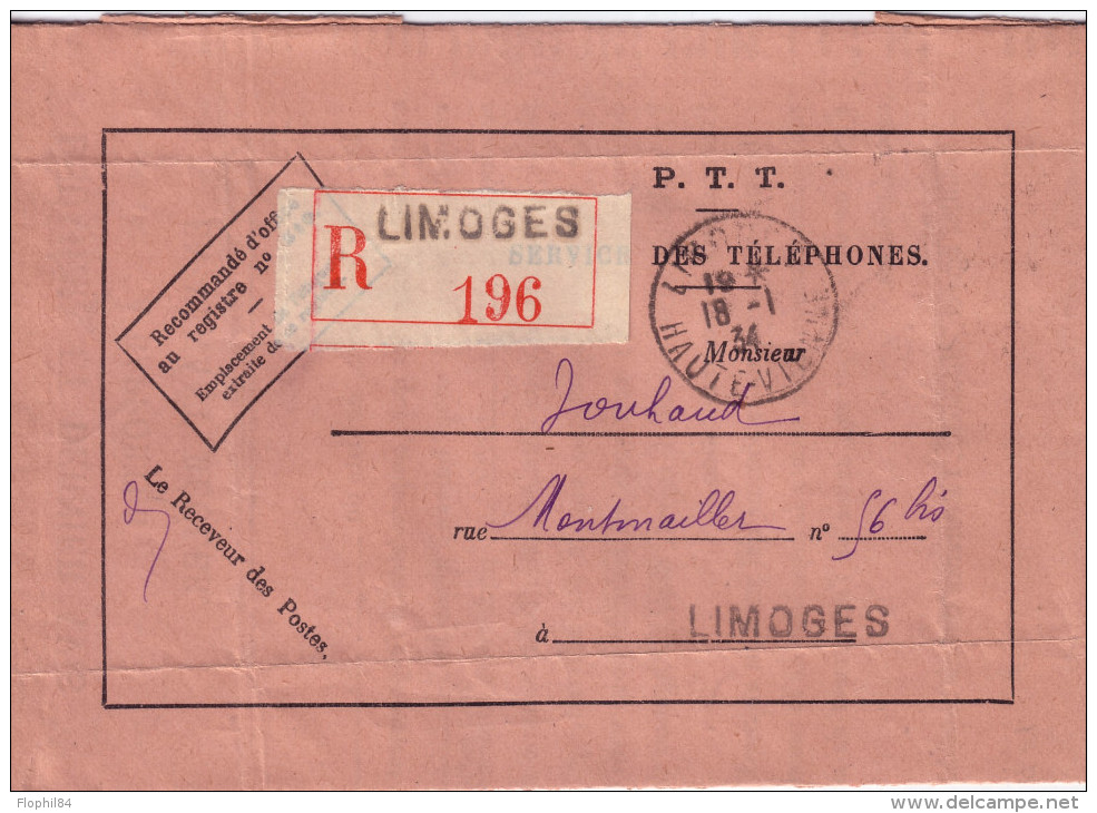 FORMULAIRE N°1392-43 Bis (ROSE)- SERVICE ABONNEMENTS DONT LA DUREE EST EXPIREE - HAUTE VIENNE - LIMOGES LE 14-1-1934 - Telegraphie Und Telefon
