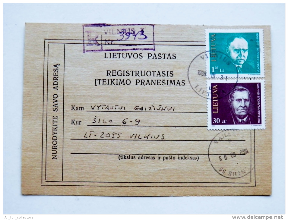 2 Photos Registered Certificate Of Mailing From Lithuania 1998 Vilnius Famous People - Lithuania