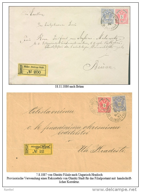 Rekozettel Und Einschreibebelege Von Mähren 1886 - 1918 - Philatelie Und Postgeschichte