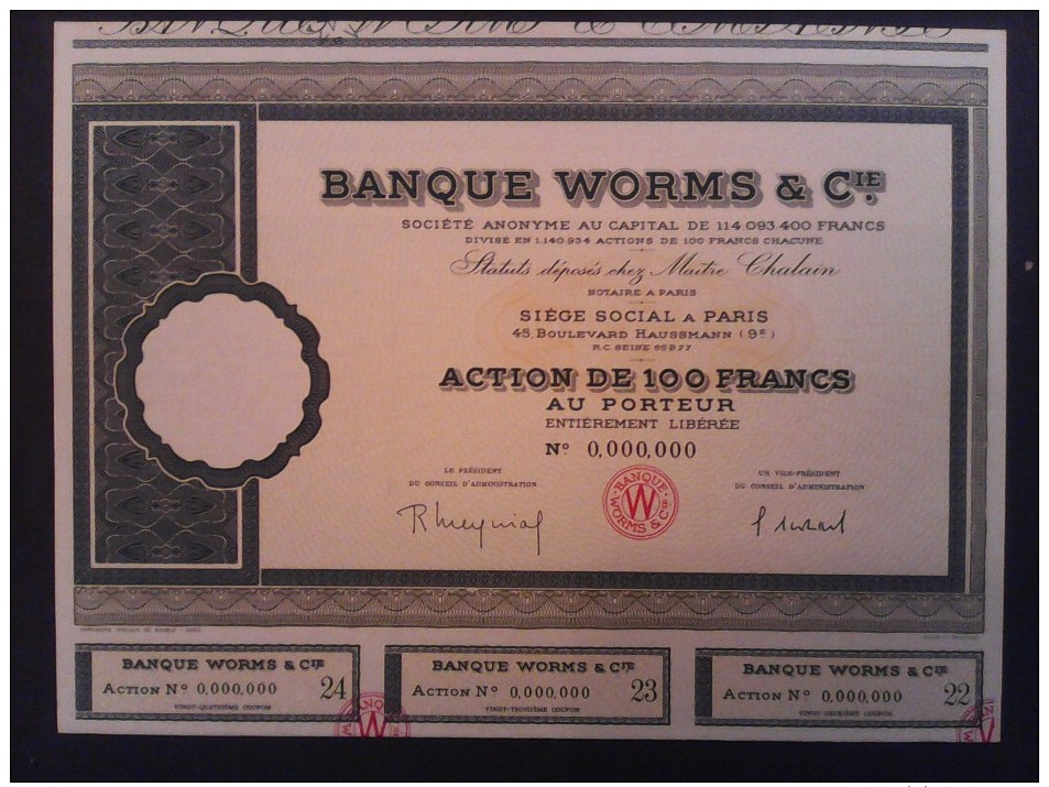 1 Banque WORMS-Paris Action 100 FR + Coupons    SPÉCIMEN    Numéro 00000 - Andere & Zonder Classificatie