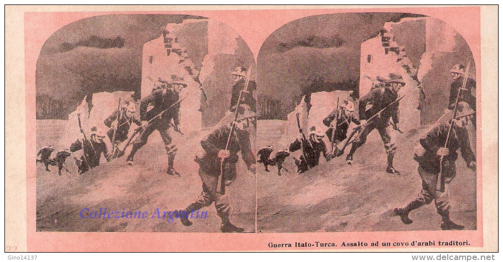 Cartolina Stereoscopica ASSALTO AD UN COVO D'ARABI TRADITORI Guerra Italo-Turca - Altre Guerre