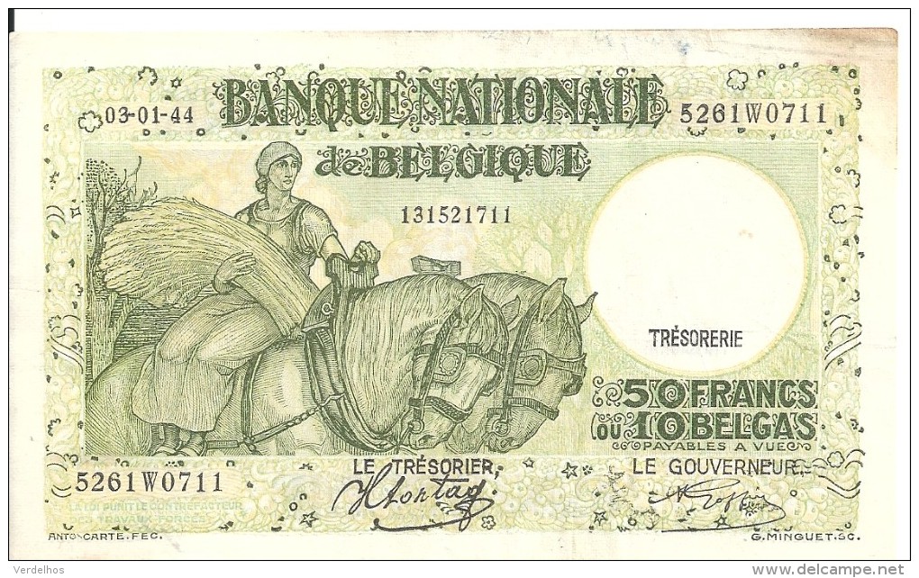 BELGIQUE 50 FRANCS-10 BELGAS 1944 VF+ P 106 - 50 Francs-10 Belgas