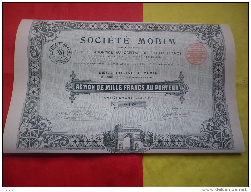 MOBIM (arc De Triomphe) Seulement 600 Titres émis (1927) - Autres & Non Classés