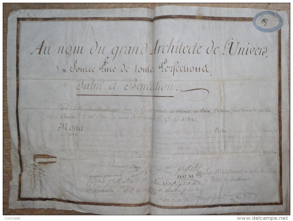 Legal Document France.  Document Of The French Free-Masons (Grand Orient De France) From 1784 - Documenti Storici