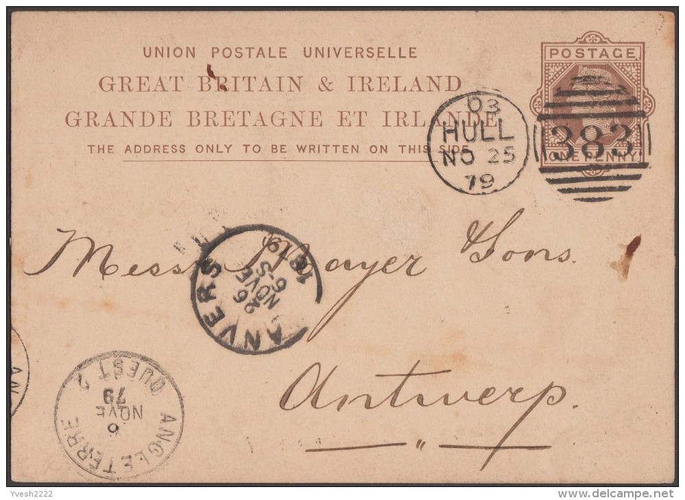 1879. Angleterre - Ouest 2 Cachet Belge D'entrée Sur Carte Postale, Entier De Hull. Oblitération 383 De Grande-Bretagne - Transit Offices