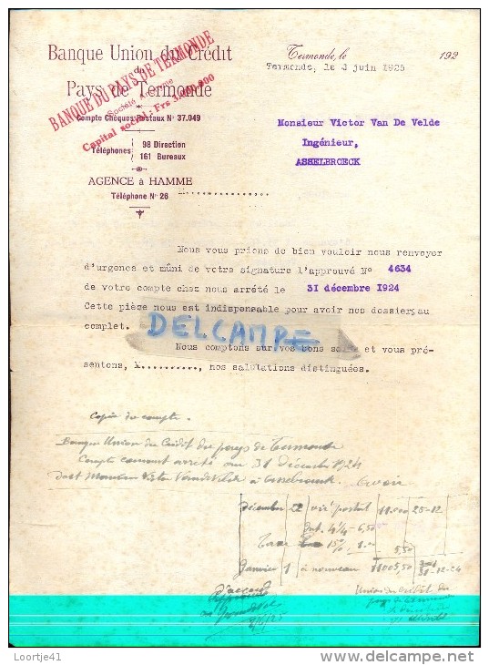 Brief Lettre - Termonde Dendemonde - Banque Du Pays De Termonde 1925 - Bank & Versicherung