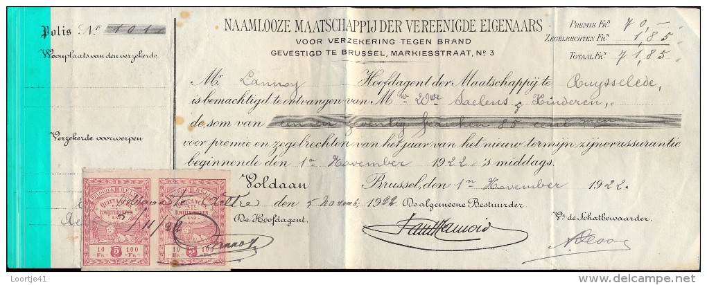 Wissel - Reçu - Verzekeringen Brussel - Saelens Maria Aalter - Lannoy Ruiselede 1922 - Banque & Assurance