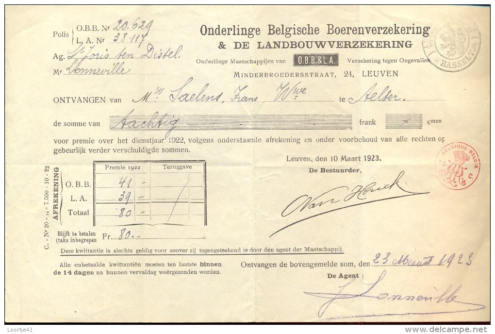 Wissel - Reçu - Verzekeringen Boerenbond Leuven - Saelens Maria Aalter - Stb Joris Ten Distel 1923 - Bank & Insurance