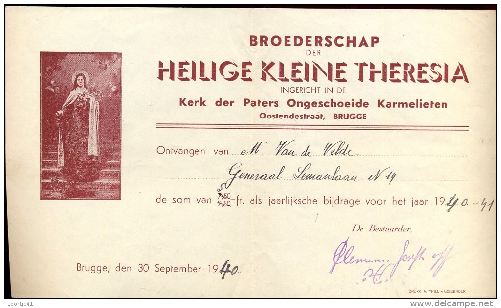Wissel - Reçu - Broederschap H. Kleine Theresia - Ong. Karmelieten Brugge 1940 - Autres & Non Classés