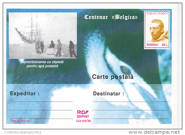37113- BELGICA CENTENARY, ANTARCTIC EXPEDITION, SHIP, J. KOREN, POSTCARD STATIONERY, 1998, ROMANIA - Antarktis-Expeditionen