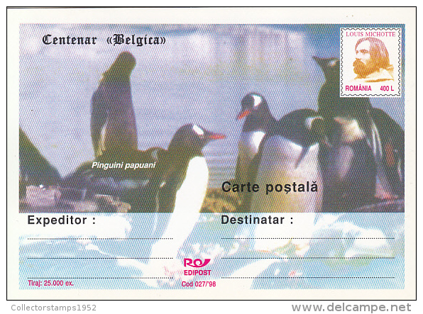 37115- BELGICA CENTENARY, ANTARCTIC EXPEDITION, L. MICHOTTE, PENGUINS, POSTCARD STATIONERY, 1998, ROMANIA - Antarktis-Expeditionen