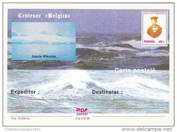 37119- BELGICA CENTENARY, ANTARCTIC EXPEDITION, ISLAND, A. WIENCKE, POSTCARD STATIONERY, 1998, ROMANIA - Expéditions Antarctiques