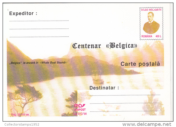 37122- BELGICA CENTENARY, ANTARCTIC EXPEDITION, SHIP, J. MELAERTS, POSTCARD STATIONERY, 1998, ROMANIA - Spedizioni Antartiche