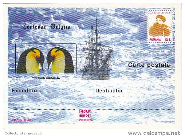 37123- BELGICA CENTENARY, ANTARCTIC EXPEDITION, SHIP, PENGUINS, A. DE GERLACHE, POSTCARD STATIONERY, 1998, ROMANIA - Expediciones Antárticas