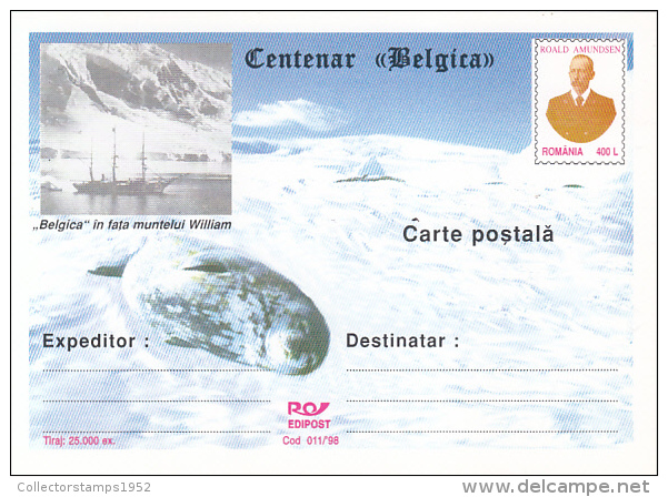 37121- BELGICA CENTENARY, ANTARCTIC EXPEDITION, SHIP, WHALE,R. AMUNDSEN, POSTCARD STATIONERY, 1998, ROMANIA - Antarctic Expeditions