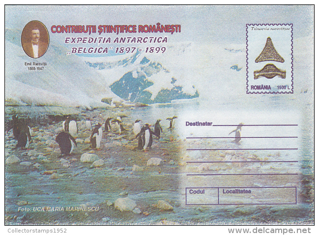 37124- BELGICA ANTARCTIC EXPEDITION, PENGUINS, EMIL RACOVITA, COVER STATIONERY, 1999, ROMANIA - Expediciones Antárticas